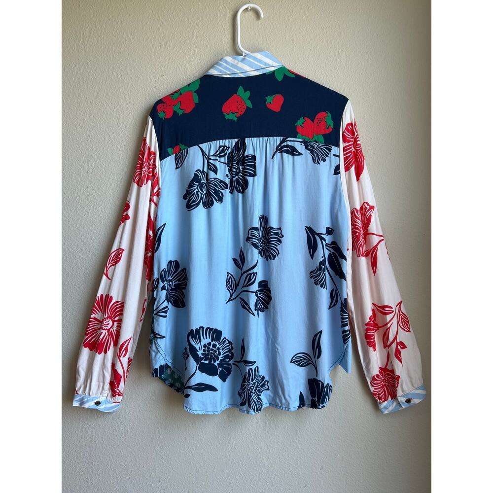 Maeve Anthropologie Paz Mixed-Print Button Down Shirt Strawberry Stripe Large - Picture 2 of 5
